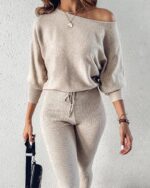 CHICME 2 Piece Lounge Outfit Long Sleeve Knit Pullover Tops Drawstring Pants Set... - Image 5
