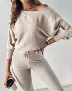 CHICME 2 Piece Lounge Outfit Long Sleeve Knit Pullover Tops Drawstring Pants Set... - Image 6