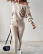 CHICME 2 Piece Lounge Outfit Long Sleeve Knit Pullover Tops Drawstring Pants Set... - Image 7