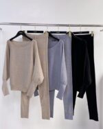 CHICME 2 Piece Lounge Outfit Long Sleeve Knit Pullover Tops Drawstring Pants Set... - Image 8