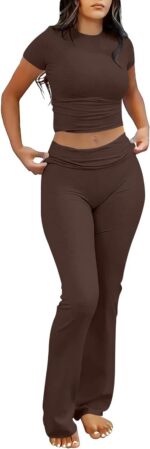 ANRABESS Lounge Sets for Women 2 Piece Foldover Yoga Flare Leggings Pants Crop T... - Image 2