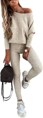 CHICME 2 Piece Lounge Outfit Long Sleeve Knit Pullover Tops Drawstring Pants Set... - Image 2