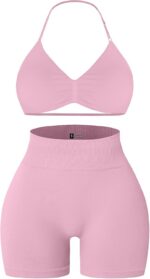 Comper 2 Piece Workout Sets for Women Halter Strappy Sports Bra with Seamless Ri... - Image 2