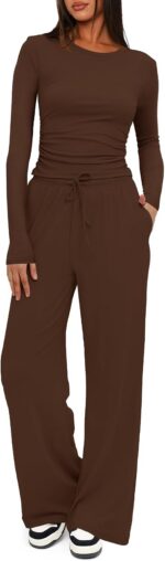 Darong Women's 2 Piece Outfits Lounge Sets 2026 Long Sleeve Tops Wide Leg Pants ... - Image 2