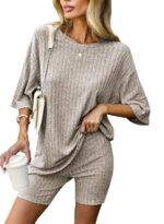 Ekouaer Pajamas 2 Piece Lounge Sets Ribbed Knit Matching Outfits T-shirt Biker S... - Image 2