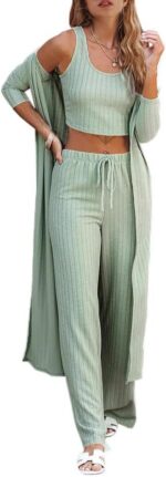 Fessceruna Womens 3 Piece Lounge Pajamas Sets Travel Outfits Vest Top Wide Leg P... - Image 2