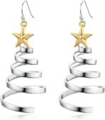 Handmade Christmas Tree Dangle Hoop Earrings Golden Silver Two Tone Women Holida... - Image 2