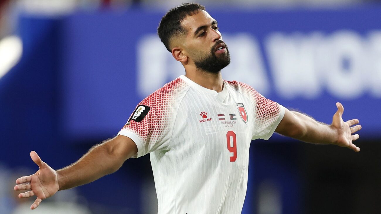 Ali Olwan of Jordan celebrates scoring his team's first goal during the FIFA World Cup 2026 Group J match between Austria and Jordan at San Francisco Bay Area Stadium.
