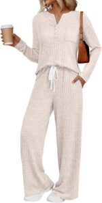 LILLUSORY Women's 2 Piece Lounge Sets 2026 Henley Top & Drawstring Wide Leg Pant... - Image 2