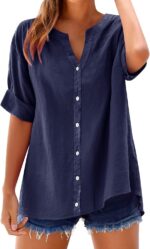 Linen Shirts for Women 2025 Summer Cotton Short Sleeve Button Down Blouses Casua... - Image 2