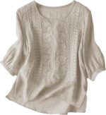 Linen Shirts for Women Summer Crew Neck Embroidered 3/4 Sleeve Boho Tops Dressy ... - Image 2