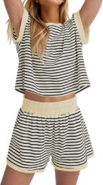 MISSACTIVER 2 Piece Lounge Set Women Stripe Knit Short Sleeve Tee Shirts Shorts ... - Image 2