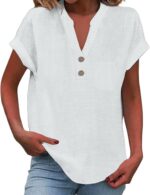 Nantdog Linen Shirts for Women Summmer Short Sleeve Casual Tops Henley Vcation B... - Image 2