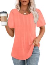 OFEEFAN Womens T Shirts Short Sleeve Pleated Dressy Casual Scooped Neck Summer T... - Image 2
