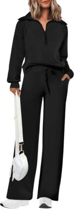 PRETTYGARDEN Women's 2 Piece Outfits Casual Lapel Half Zip Sweatshirts and Wide ... - Image 2
