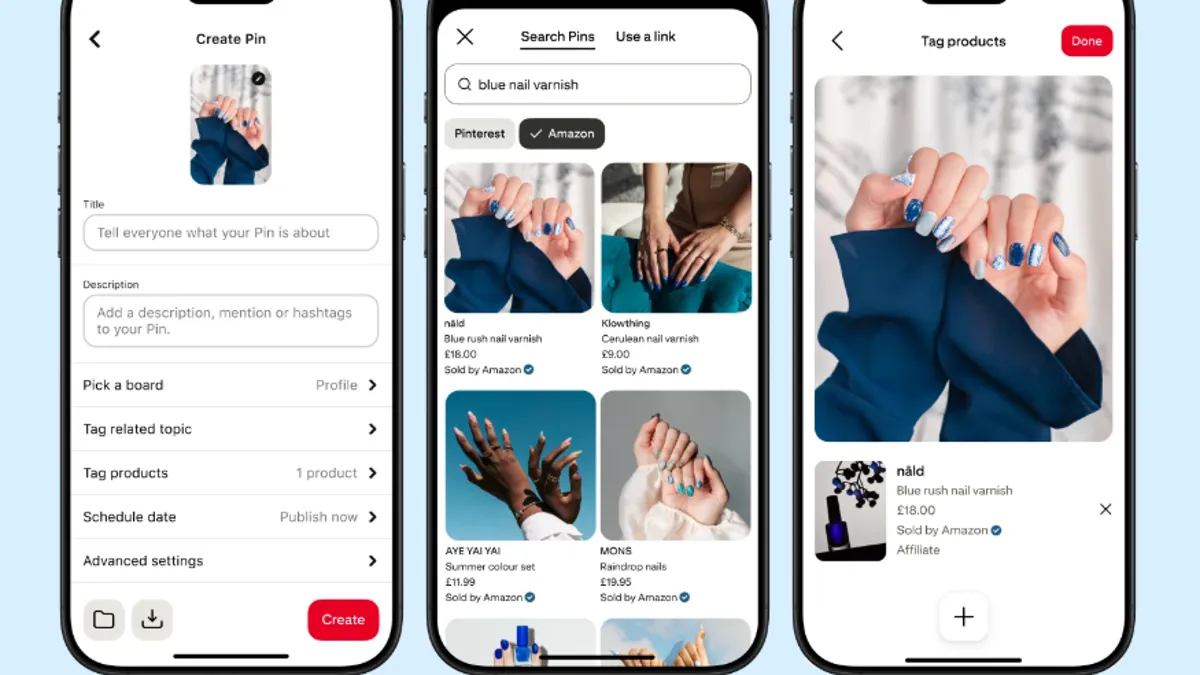 screenshot of Pinterest and Amazon storefront linking