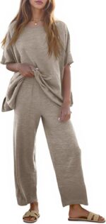 Tankaneo Women's 2 Piece Travel Outfits Casual Short Sleeve Knit Sweater Set Wid... - Image 2