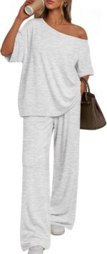 Trendy Queen Womens 2 Piece Lounge Sets Off Shoulder Oversized Tshirts & Wide Le... - Image 2