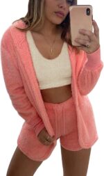 VNVNE Womens Sexy Fuzzy Warm Sherpa Fleece 3 Piece Outfit Fleece Coat Jacket Out... - Image 2