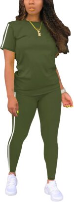 Women's 2 Piece Outfits Sweatsuit Summer Workout Striped Short Sleeve Long Sweat... - Image 2