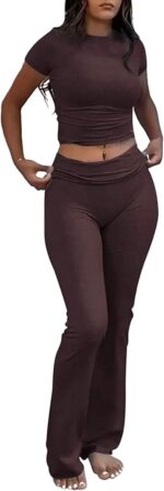 YETOWA Womens 2 Piece Outfits Low Rise Flare Leggings Short Sleeve Top Soft Stre... - Image 2