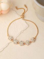1 PC Gold Adjustable Floral Pearl Chain Bracelet With Sparkling Zirconia Stones - Image 2