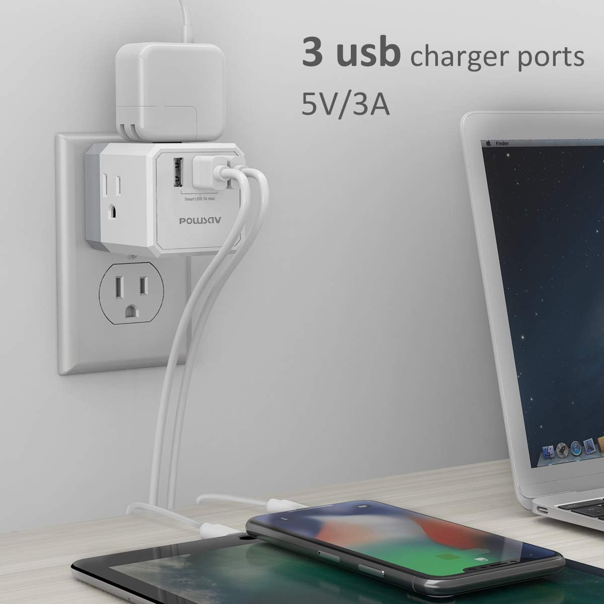 3-Outlet USB Wall Charger and Extender with 3-Way Splitter, ETL Listed - for Hom... - Image 4