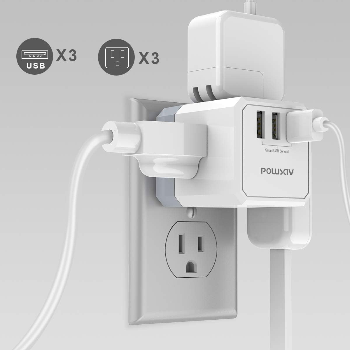 3-Outlet USB Wall Charger and Extender with 3-Way Splitter, ETL Listed - for Hom... - Image 5