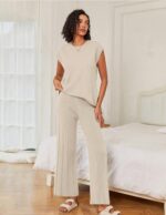 Ekouaer Lounge Sets for Women Two Piece Outfits Knit Cap Sleeve Tops Wide Leg Pl... - Image 3