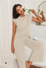 Ekouaer Lounge Sets for Women Two Piece Outfits Knit Cap Sleeve Tops Wide Leg Pl... - Image 4