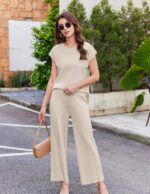 Ekouaer Lounge Sets for Women Two Piece Outfits Knit Cap Sleeve Tops Wide Leg Pl... - Image 5