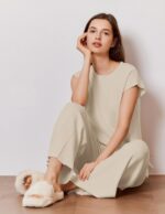 Ekouaer Lounge Sets for Women Two Piece Outfits Knit Cap Sleeve Tops Wide Leg Pl... - Image 6