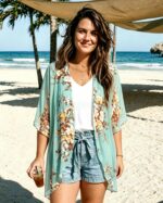 Women's Floral Print Puff Sleeve Kimono Cardigan Loose Cover Up Casual Blouse To... - Image 3