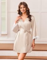 Ekouaer Silk Robe for Women Short Satin Robe 3/4 Sleeves Lace Trim Kimono Bathro... - Image 3