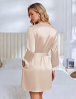 Ekouaer Silk Robe for Women Short Satin Robe 3/4 Sleeves Lace Trim Kimono Bathro... - Image 6