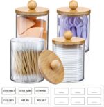 4 Pack Qtip Holder Dispenser with Bamboo Lids - 10 oz Clear Plastic Apothecary J... - Image 3