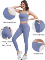 3 Piece Workout Sets for Women High Waisted Leggings with Pockets Tummy Control ... - Image 3