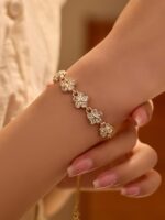 1 PC Gold Adjustable Floral Pearl Chain Bracelet With Sparkling Zirconia Stones - Image 3