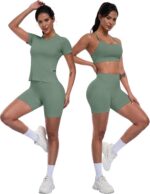 Women 3 Piece Workout Sets Seamless Running Tops Athletic Gym Yoga Short Y Back ... - Image 5