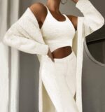 Fixmatti Women's Fuzzy 3 Piece Sweatsuit Open Front Cardigan Crop Tank Tops Wide... - Image 3