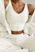 Fixmatti Women's Fuzzy 3 Piece Sweatsuit Open Front Cardigan Crop Tank Tops Wide... - Image 4