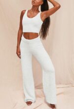 Fixmatti Women's Fuzzy 3 Piece Sweatsuit Open Front Cardigan Crop Tank Tops Wide... - Image 5