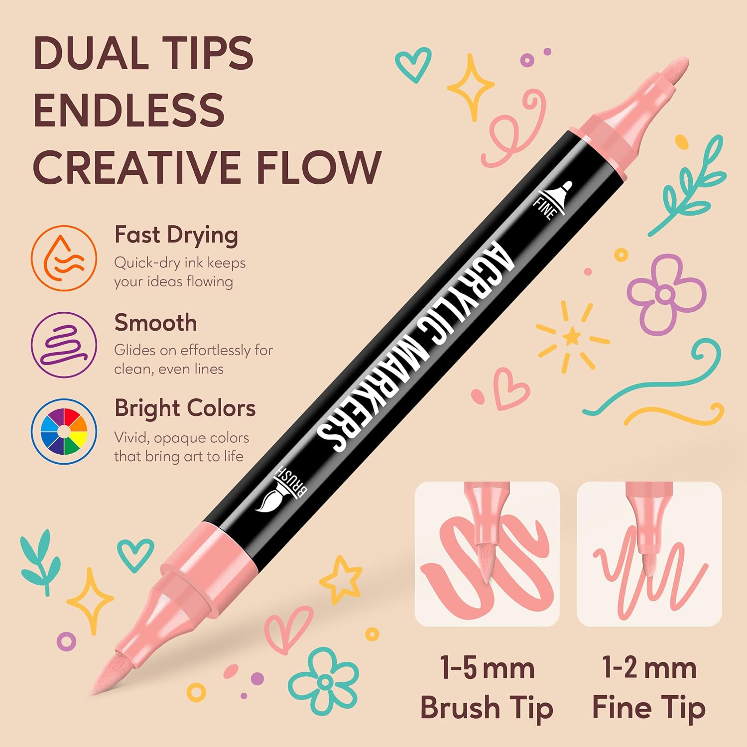 Pagather 72 Colors Acrylic Paint Markers, Dual Tip with Fine Tip and Brush Tip P... - Image 3