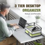 DALTACK 3 Tier Paper Organizer with Handle, Mesh Metal Desk Organizer with Slidi... - Image 3