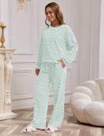 Ythomm Striped Pajamas Womens 2 Piece Sets Long Sleeve Tee Shirts Drawstring Wid... - Image 3