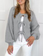 PRETTYGARDEN Women's Tie Front Bow Cardigan Sweaters Chunky Knit Long Puff Sleev... - Image 4