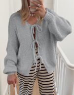 PRETTYGARDEN Women's Tie Front Bow Cardigan Sweaters Chunky Knit Long Puff Sleev... - Image 6