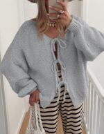 PRETTYGARDEN Women's Tie Front Bow Cardigan Sweaters Chunky Knit Long Puff Sleev... - Image 7