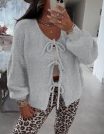 PRETTYGARDEN Women's Tie Front Bow Cardigan Sweaters Chunky Knit Long Puff Sleev... - Image 8