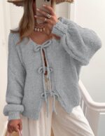 PRETTYGARDEN Women's Tie Front Bow Cardigan Sweaters Chunky Knit Long Puff Sleev... - Image 9